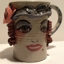 Art Studio Pottery Handmade Fancy Lady Face Head Ceramic Coffee Mug Signed USED