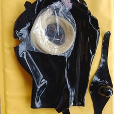 Latex Rubber Mask Hood Removable Eyes mouth with Gold Hairpiece Catsuit Mask UK