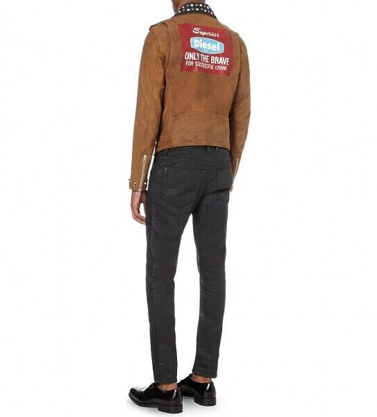 早い者勝ち 希少 レア DIESEL Suede Leather Jacket Designer Rare DIESEL Men's Studded Logo Motorcycle Biker