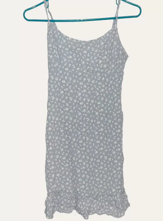 Brandy Melville Colleen Dress Blue Floral Ruffle Hem Tie Back One