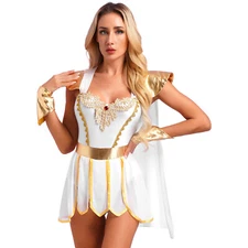 Women Greek Toga Ancient Roman Costume Cosplay Leotard Bodysuit with Cape