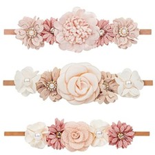 Baby Girls Floral Headbands Set-Flower Crown Elastic Hairband 3 Pcs Headwrap