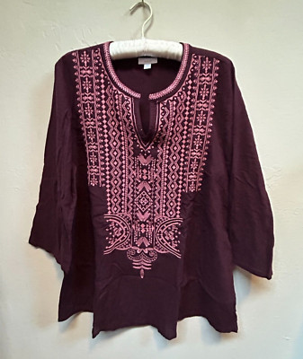 J.Jill Purejill Women Large Keyhole Embroidered Tunic Top 3/4 Sleeve Maroon Boho