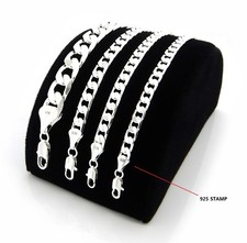 Mens Cuban link Chain Necklace Bracelet 925 Silver Plated 8", 20", 24", 30" inch
