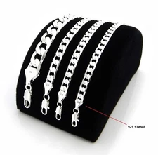 Mens Cuban link Chain Necklace Bracelet 925 Silver Plated 8", 20", 24", 30" inch