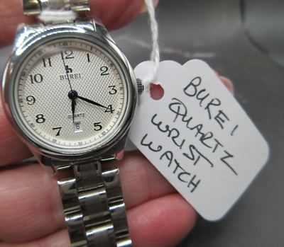 BUREI QUARTZ #B-3008L WITH BLUE HANDS, GEOMETRIC FACE, DATE