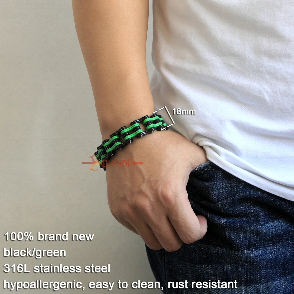 Brazalete de eslabones de cadena de acero inoxidable para motociclista pesado negro/verde para hombre Foto 3 de 4