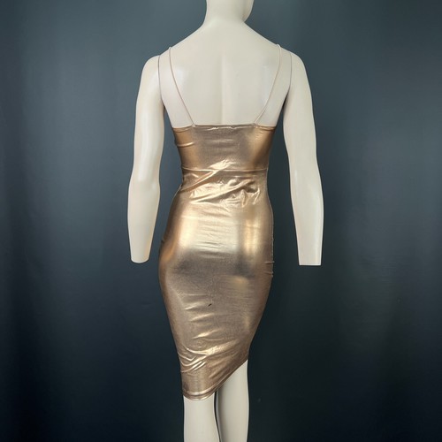 Club L Dress 8 Womens Metallic Gold Foil Strappy Fitted Knee Length Stretchy - Picture 7 of 11