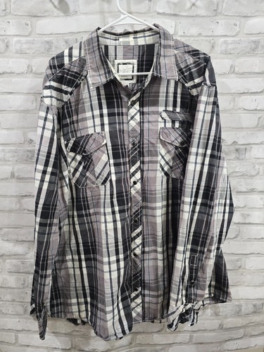 BKE Men XXL Snap Front Shirt Embroidered Frayed Edges Plaid Kingsbridge Pockets