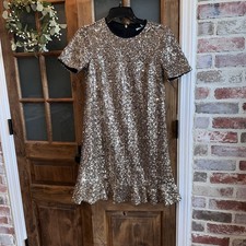Draper James Gold Sequin Shift Dress Size 2 Holiday Cocktail Party Dance RUFFLE