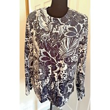 Alfred Dunner Blazer Jacket size 14 Stunning Navy Blue White Bold Floral sparkle