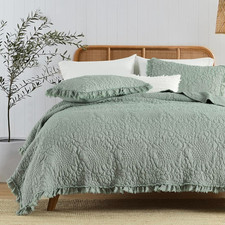 NEW Anthro Sage Green Boho Ruffle Crinkle Queen / King Bedding Quilt  Sham Set