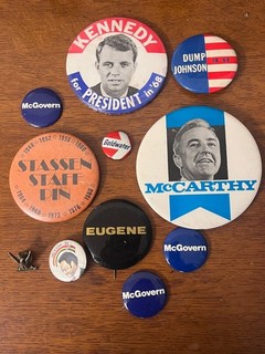 11 DEMOCRAT POLITICAL BACK BUTTONS KENNEDY MONDALE MCCARTHY ETC.