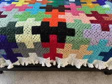 Afghan Crochet Jigsaw Lap Blanket Throw 64 x 48 RUFFLE EDGE TRIM Warm Cottage
