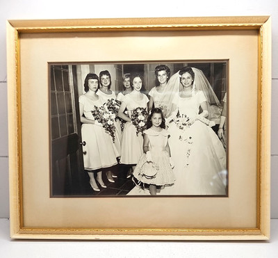 Wedding Photograph Vintage Black White 1960 Bride Flower Girl Bridesmaids Framed