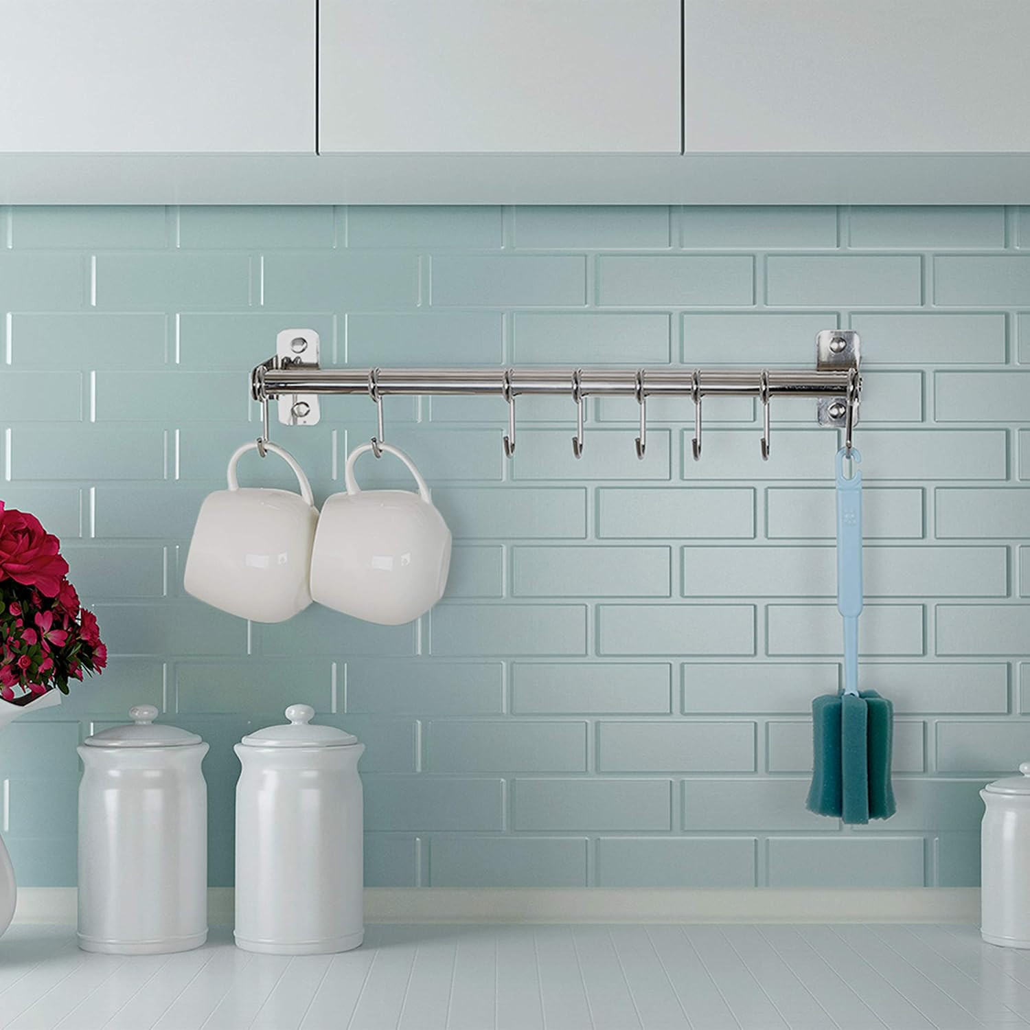 Pot Rack Pots and Pans Hanging Rack w/ 8 Hooks Double Bars Wall Mounted Chromed