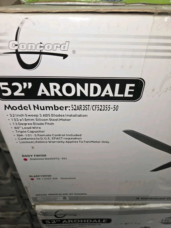 52" Concord Arondale 3 Blade Ceiling Fan Model Number: 52AR3ST/CF52355-50 - Image 2 of 2