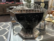 Antique Victorian Derby Repousse 6 Sided Silver Plate Compote w/Flower Frog