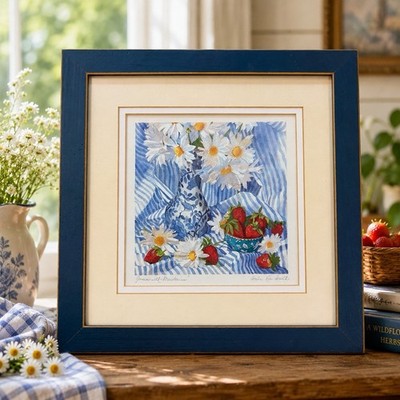 Vintage Amelia Rose Smith Daisies with Strawberries Framed Print Blue White 11.5