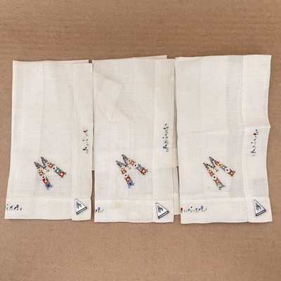 Vintage Herrmann Monogrammed Handkerchief Set of 3 'M' Floral Embroidered Linen