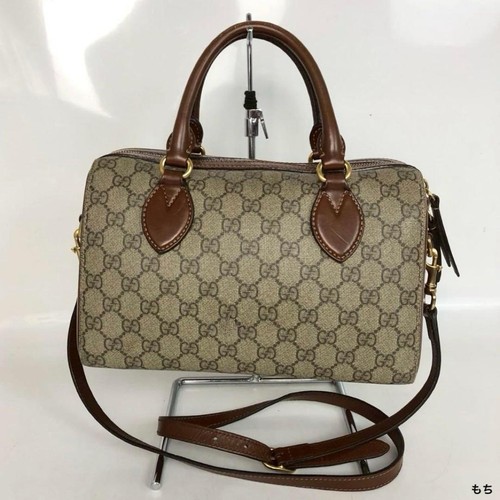 GUCCI GG Shoulder Hand Bag Ziplock Leather PVC Brown Beige Gold Hardware Japan