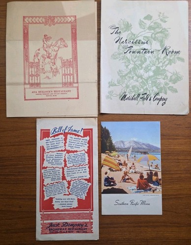 4 Menus 1940s - Ada Bullock's Restaurant MARSHALL FIELD & CO Jack Dempsey's SPRR