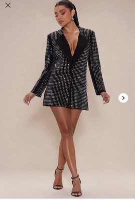 Nova Luxe black blazer dress features all-over rhinestone embellishments Sz L