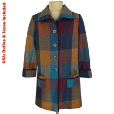 Avoca Irish Donegal Tweed Coat Multicolor Wool Check Overcoat Size 4 UK 14