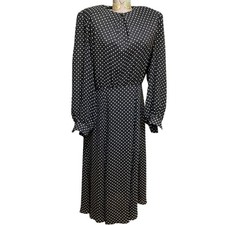Classic Polka Dot Midi Dress Long Sleeve Zipper Black White Vintage Clssic