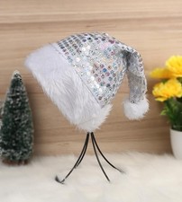 Santa Hat for Adults Unisex New Year Festive Party - White With Silver Sequin