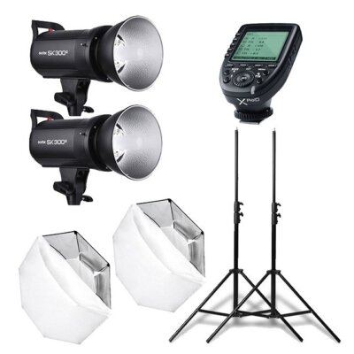 2X Godox SK300II Studioblitz + Xpro-C Auslöser für Canon + Softbox + Stative