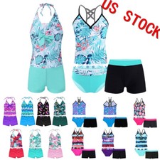 Girls Tankini Swimwear Floral Printed Bathing Suits Summer Holiday Beachwear