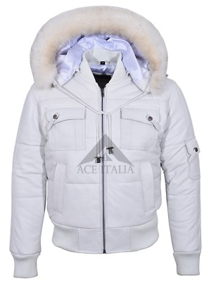 THE PILOT SIX PUFFER Herren Bomberjacke WEISS mit Kapuze Echtleder