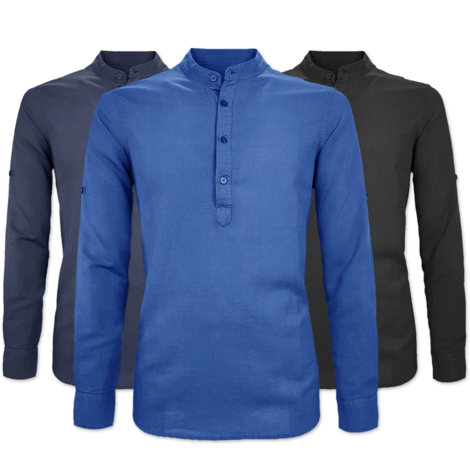 Camicia Uomo Di Lino Casual Slim Fit Manica Lunga Collo Serafino 3 Bottoni VEQUE - Immagine 3 di 4