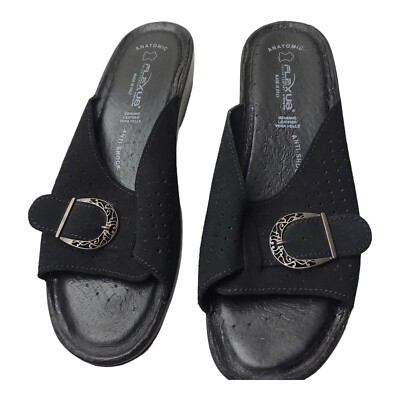 Flexus Shoes Womens Navy Black Suede Sandals Leather Slip On