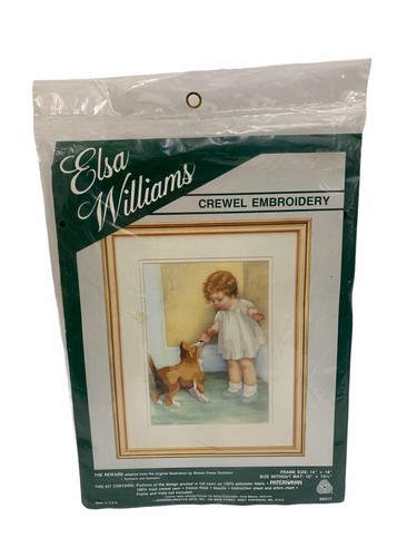 Vintage Elsa Williams "The Reward" Mädchen & Hund Crewel Stickpackung 10"x13,5" Neu in Verpackung