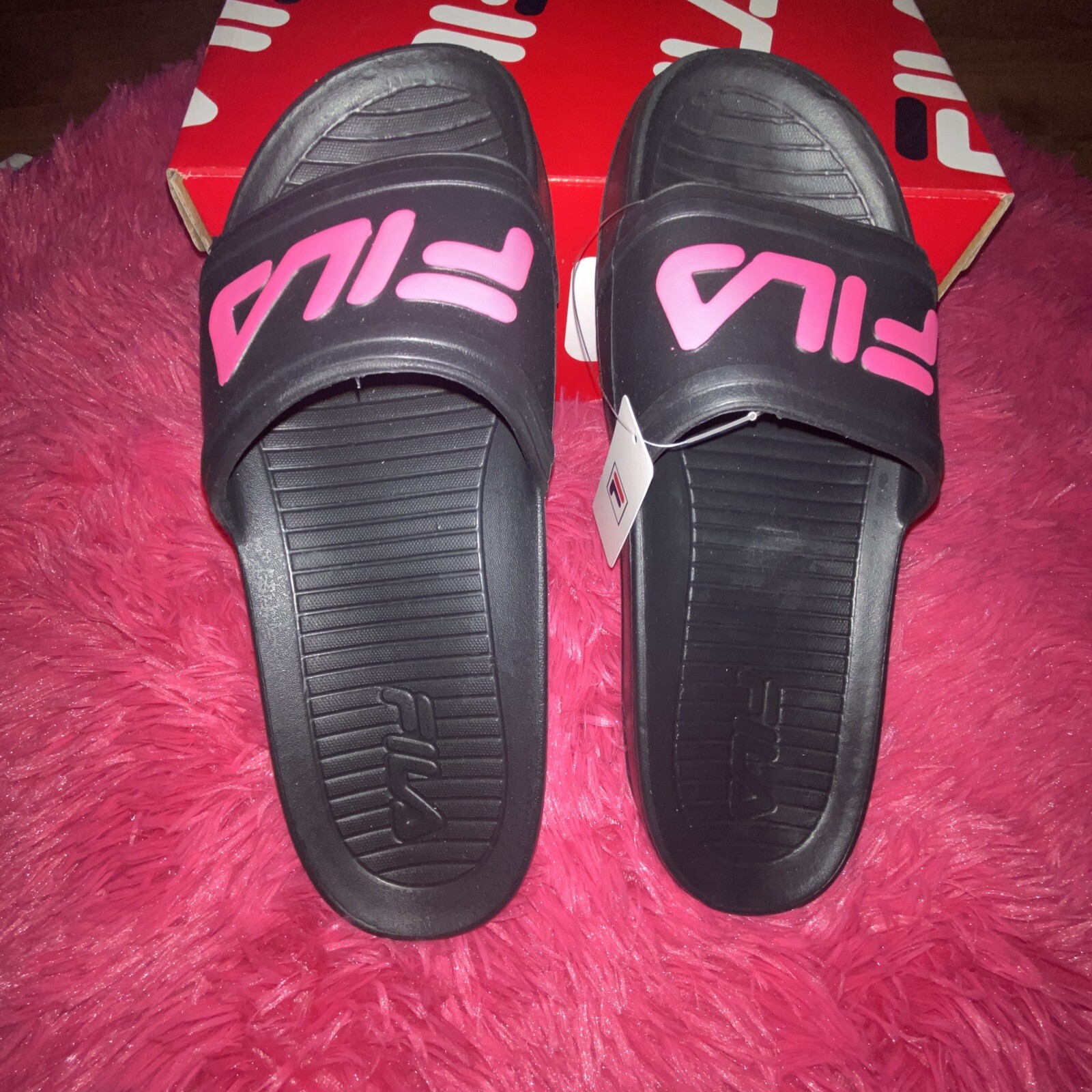 FILA sandali da donna eleganti slide LT neri logo rosa donna taglia 11 uomo taglia 10