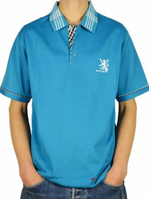 Mens Scotland Lion Tartan Collar Polo Shirt Sapphire Blue