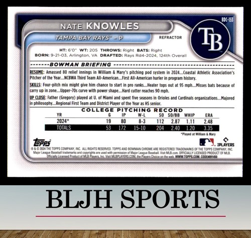2024 Bowman Draft #BDC-153 Nate Knowles Tampa Bay Rays RC Refractor (B) (1J8) - 第 2/2 張圖片