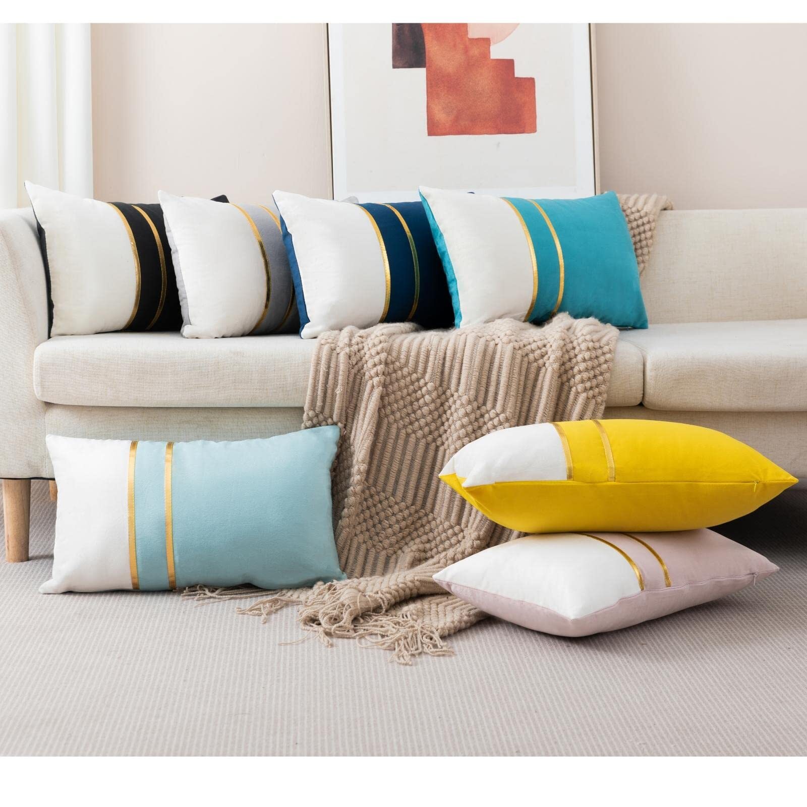 Set of 2 Velvet Decorative Lumbar Pillow Covers Navy Blue White Patchwork wit...