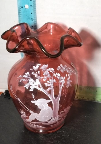 Fenton Glass Mary Gregory  Vase.   Little Boy Fishing.  Ltd.Edt.