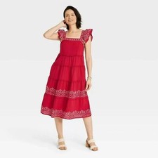 Knox Rose Womens Red Embroidered Ruffle Midi Dress Sz XL Prairie Boho Cottage