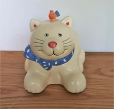Coco Dowley ceramic Cat with Goldfish Handle Cookie Jar 8”