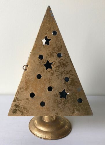 Distressed Gold Metal Triangle Christmas Tree Tea Light Candle Holder - Picture 1 of 9