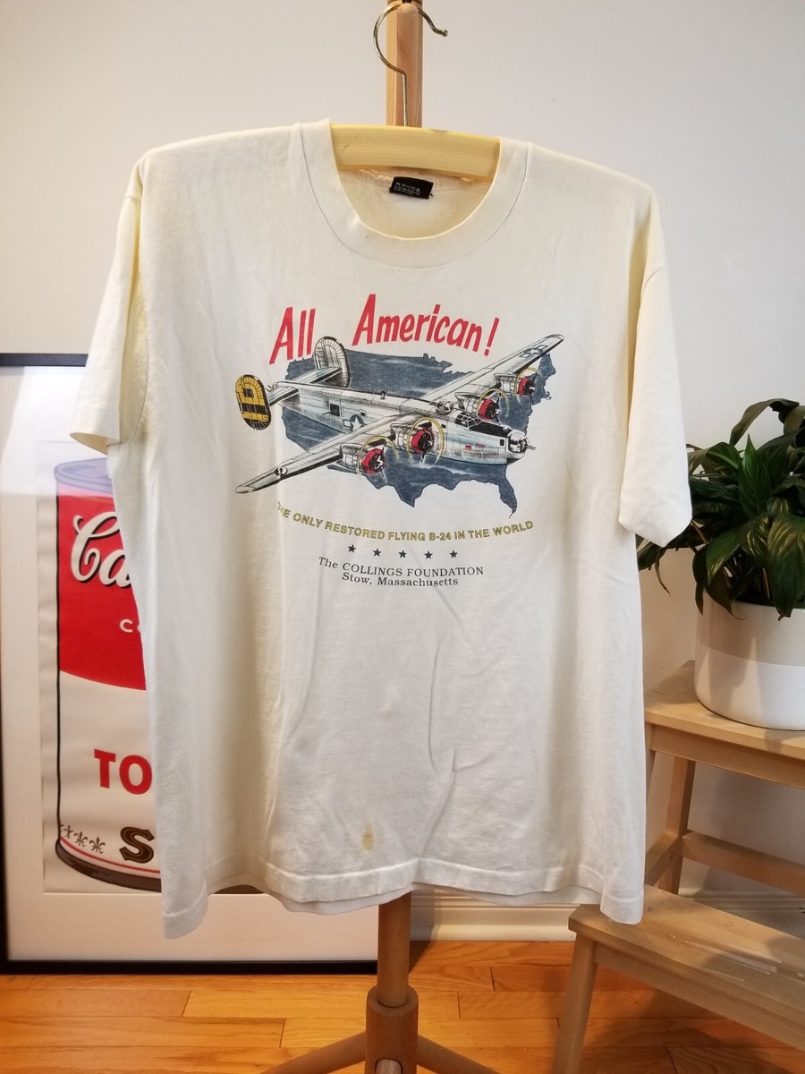 VINTAGE 90' ALL AMERICAN B-24 FADED SINGLE STITCH WHITE T-SHIRT SZ