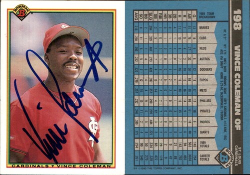 Vince Coleman Signed 1990 Bowman #198 Card St. Louis Cardinals Auto AU