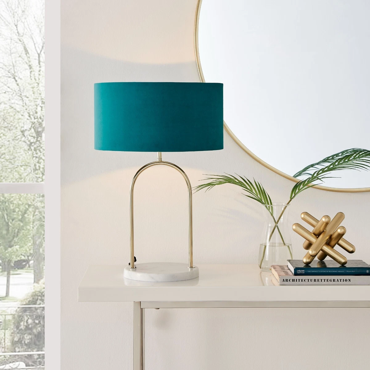 Danielle Table Lamp Teal Velvet Shade Brass and Marble Base eBay