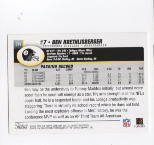 (16) Ben Roethlisberger Rookie + Stars Lot. Rookie Topps #311 + Star Cards - Bild 3 von 7