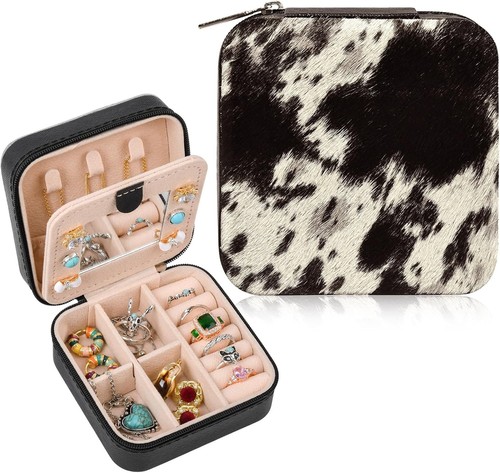 DEEKA Western Jewelry Box Case Real Leather Cow Print Cowhide Black - Picture 1 of 9