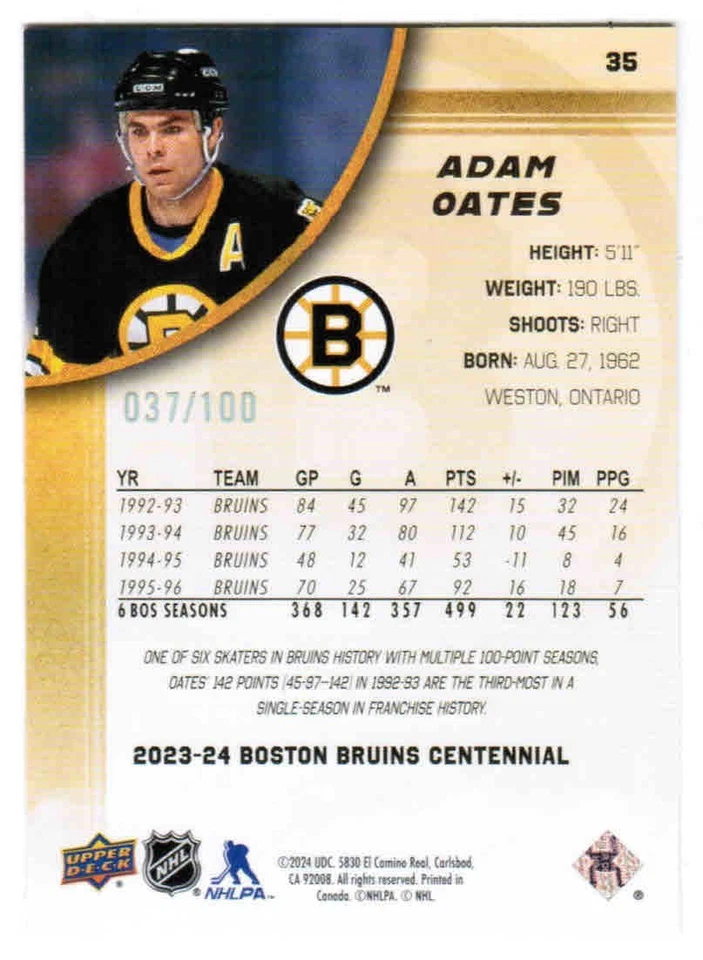 23/24 2023 BOSTON BRUINS CENTENNIAL ADAM OATES #35 BASE CENTURY /100 - Image 2 of 2